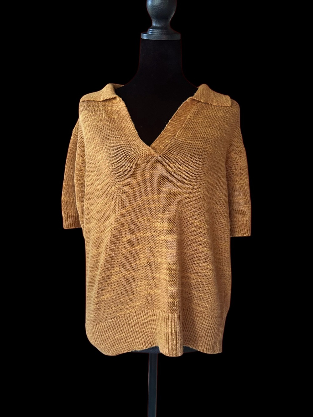 Toast Mustard-Yellow Linen/Cotton Knit Polo Sweater, M